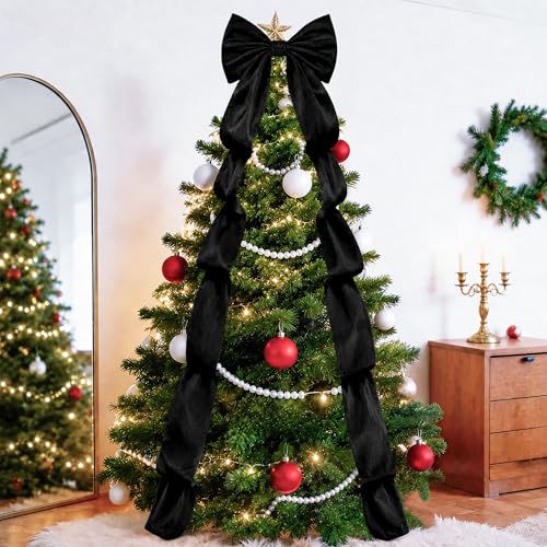 Black Velvet Christmas Bow Topper - Large 16x71 Inch Holiday Decor, Wreath & Door Accent, Reusable