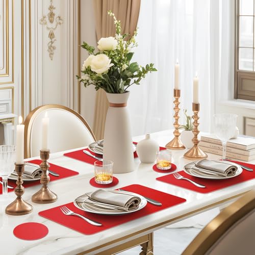 Red Vinyl Placemat Set of 6 Waterproof Heat-Resistant Table Mats for Dining & Kitchen