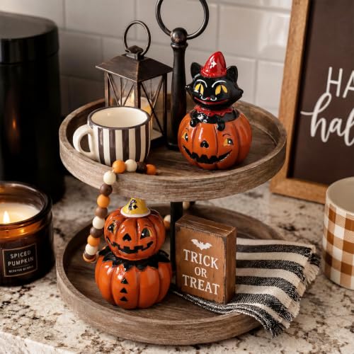 Halloween Decor Black Cat & Pumpkin Resin Figurines - Indoor Festive Table Centerpieces