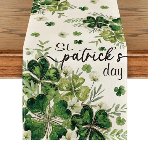 13x90 Inch Shamrocks Floral Leaves Table Runner for St Patrick's Day Decor Beige