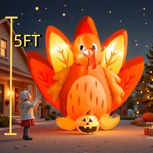 5FT Inflatable Halloween & Thanksgiving Turkey Pumpkin Yard Decor with LED Lights