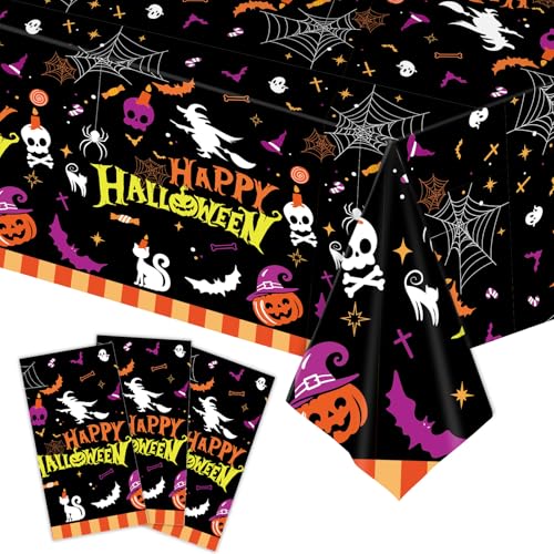 Halloween Tablecloths 3 Pack Waterproof Disposable Rectangle Cover - Black Ghosts & Bats Design, 54x108 Inches - Halloween