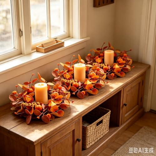 Mini Fall Pumpkin Candle Ring Wreaths - 4 Pcs Autumn Eucalyptus & Berries - Farmhouse Thanksgiving Decor
