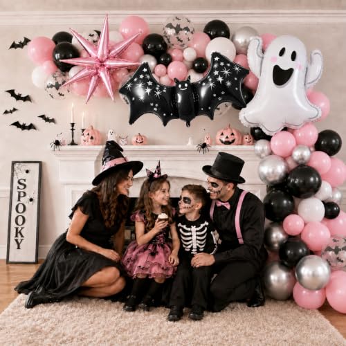 Halloween Balloon Garland Arch Kit with Ghost Bat Balloons - Black Pink Silver Variation