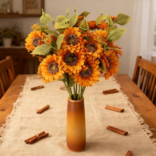 Orange Autumn Faux Sunflowers Bouquet - 25.6 Inch, 6 Pack