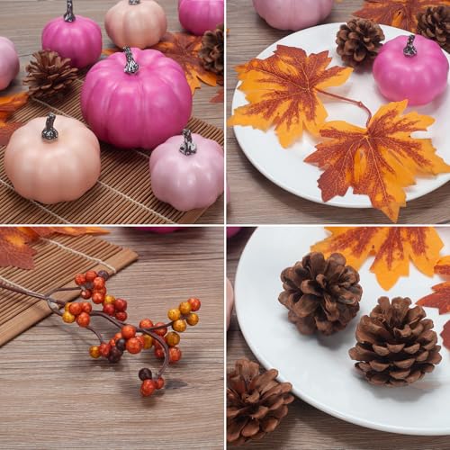Pink Fall Pumpkin Decor Set - 22 pcs Autumn Harvest Wreath & Table Decorations (Assorted Pink)