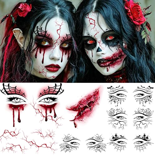 Blood Eye Fake Tattoo Sheets Halloween Temporary Makeup Kit - Realistic Face Scar & Wound Design