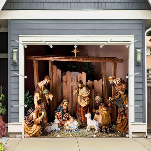 Christmas Birth of Jesus Garage Door Banner Decoration - 8x7ft, Holiday Nativity Scene