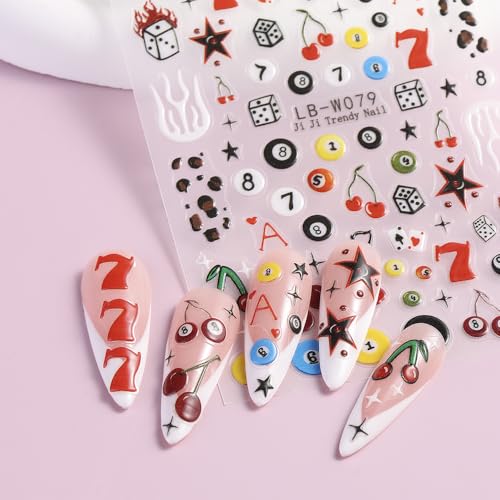 Cartoon Pool & Dice Nail Art Stickers - 4 Sheets 5D Embossed Self-Adhesive