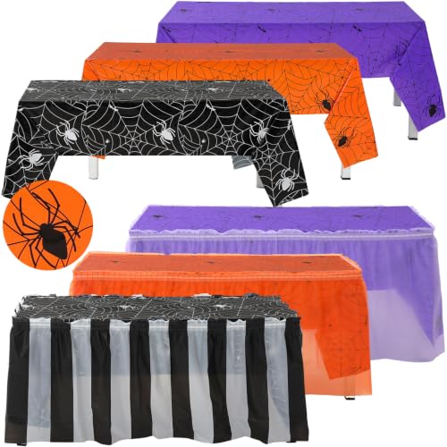 Halloween Tablecloth and Skirt Set - Spiderweb, Stripes, Purple, Orange
