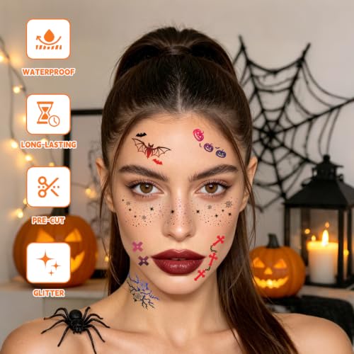 Glitter Halloween Face Tattoos - 36 Waterproof Temporary Makeup Accessories