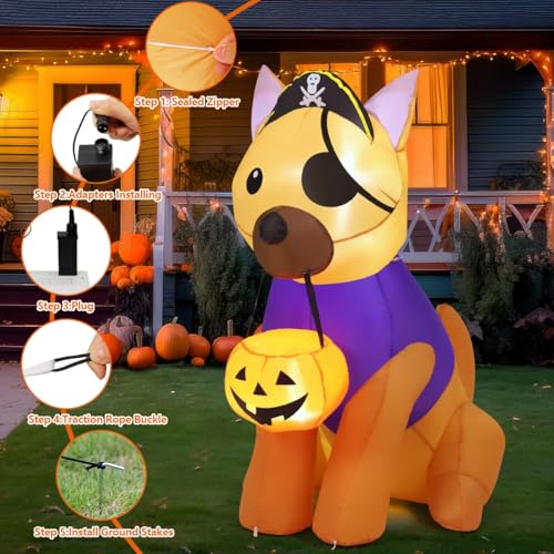 Halloween Inflatable Dog with LED Lights - Pirate Yard Decoration for Outdoor Lawn
