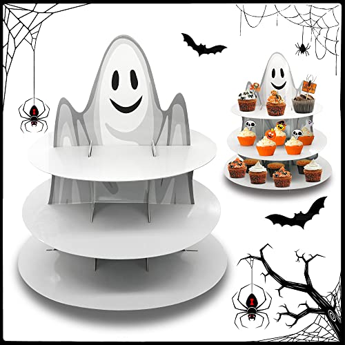 Ghost 3-Tier Halloween Cupcake Stand - White Cardboard Dessert Tower