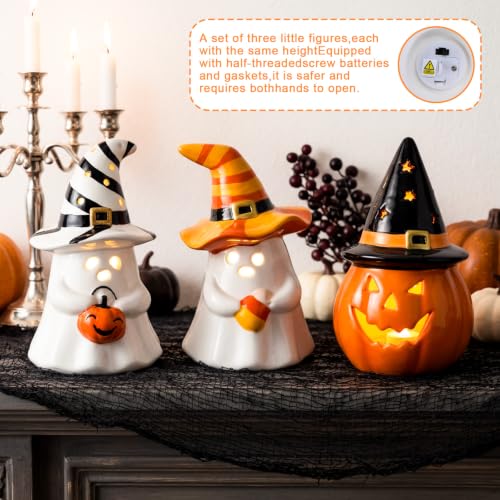 Halloween Ceramic Ghost Pumpkin Figurines with LED Lights - Indoor Decor Set