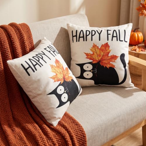 Cat Fall Pillow Covers 20x20 Pack of 2 - Autumn Colors Watercolor Design