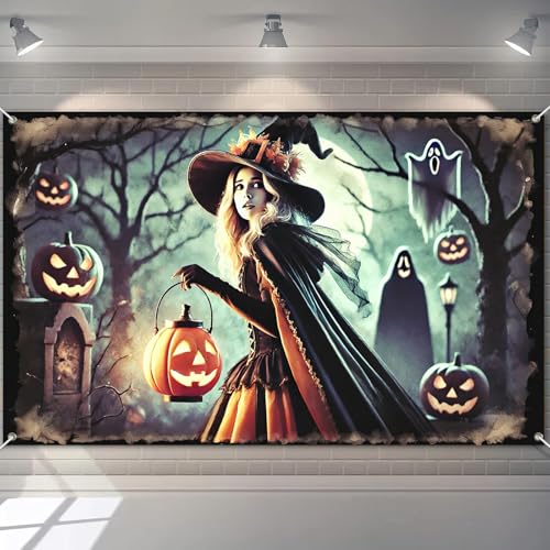 Halloween Banner Witch Ghost Lantern Backdrop 71x43 Inch - Variation #005