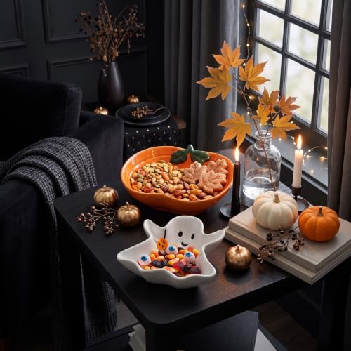Halloween Ceramic Candy Bowls Set - Ghost & Pumpkin, White & Orange