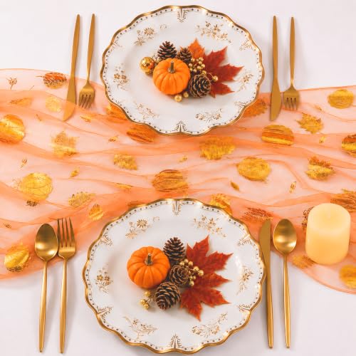Fall Table Runner with Gold Foil Pumpkins Leaves 10FT - Color 01