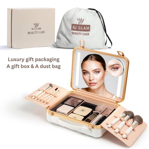 NJ GLAM Lighted Makeup Case with Mirror - Portable Travel Makeup Organizer with LED Mirror, 3 Light Settings, ADJUSTABLE DIVIDERS, Makeup Bag with Mirror and Light - Mini 10x Mirror included