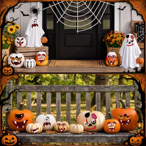 Halloween Pumpkin Stickers Kit - 64 Assorted Face & Decor Sticker Set - Variation A
