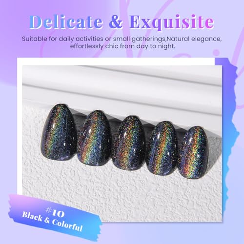 evpct Black Iridescent Colorful Glitter Cat Eye Press-On Nails Short Almond 24Pcs