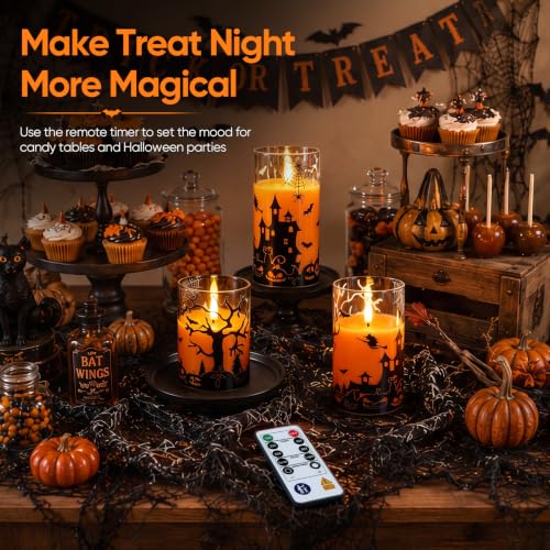 Homemory Halloween Flameless Candles Set of 3 - Orange Glass Shell Halloween Decor with Remote & Timer