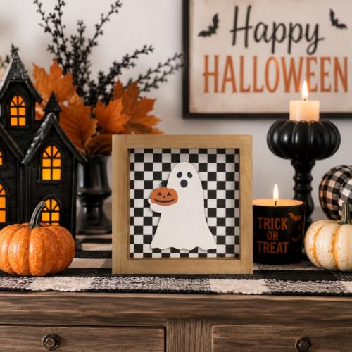 Black White Checkered Halloween Sign - 3D Ghost Pumpkin Home Decor - Variation: Black and White Checkered