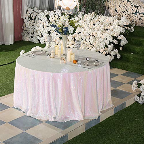 Iridescent 120-Inch Round Sequin Tablecloth - White Sparkly Overlay for Wedding & Party