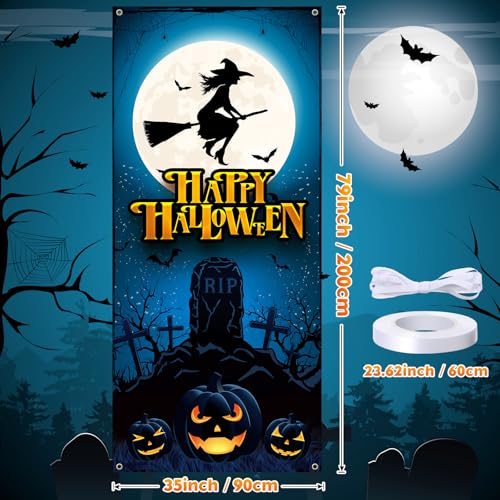 Panelee Halloween Skeleton Witch Window Cover - 79x35 Inches Party Backdrop with Moon Variation