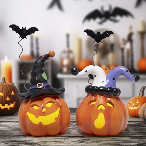 Halloween Pumpkin Decor Set with Light - Resin Jack O Lantern Figurines for Home & Party