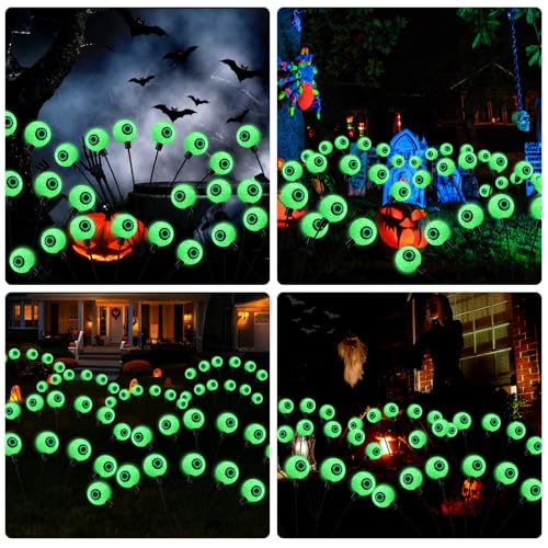 Solar Halloween Eyeball Lights - Waterproof Outdoor 12 LED Swirling Green Pathway Decor - 2 Pack