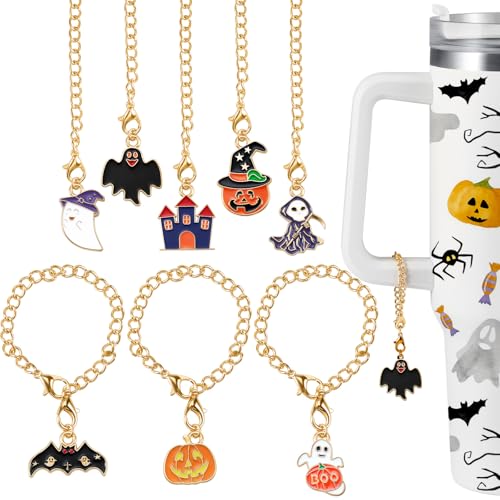 Halloween Tumbler Charms Set - 8 Metal Drink Cup Decorations with Chains