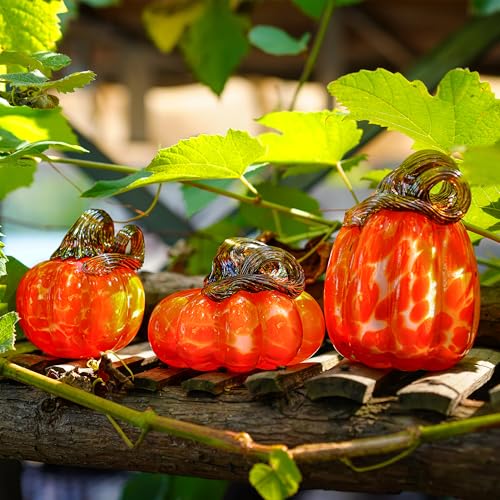 Set of 3 Hand-Blown Glass Pumpkin Decorations for Fall Halloween Thanksgiving