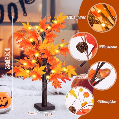 2 Pack 24-Inch Lighted Artificial Maple Trees with LEDs for Fall & Thanksgiving Decor