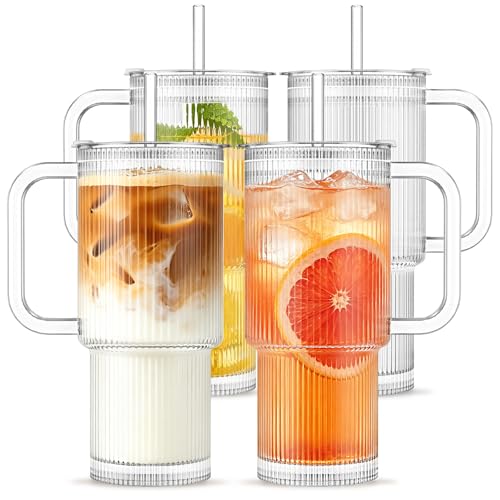 24 oz Ribbed Glass Tumbler with Handle - 4 Pack, Spill-Resistant, Durable Iced Coffee Cups