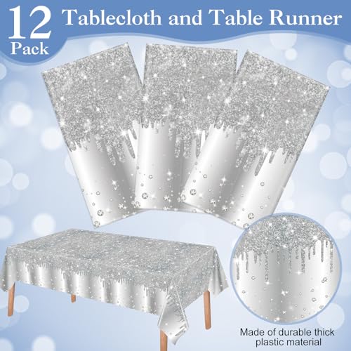 Disposable Glitter Diamond Tablecloths - Silver, 12 Pack, 54 x 108 Inches