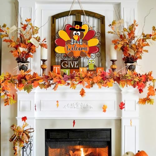 Thanksgiving Wooden Turkey Wreath with Black Bow - Large Fall Door Decoration