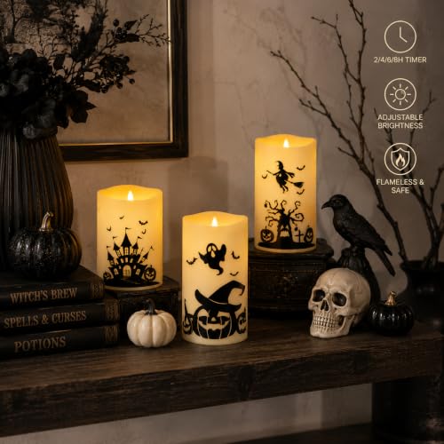 Halloween Flameless LED Pillar Candles with Remote Timer - 5 Pack