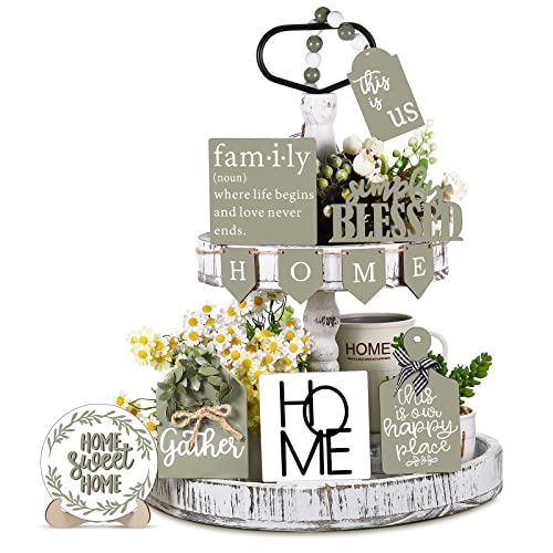 Two Tiered Tray with 11 Wooden Signs Decor - Stylish Style Variation