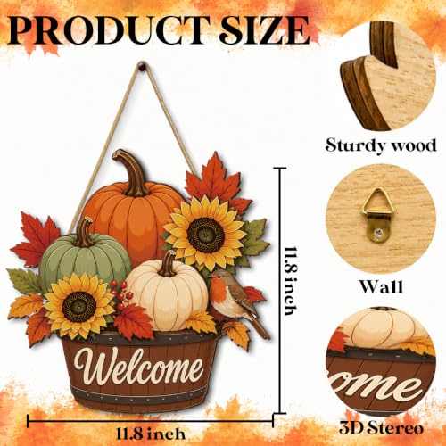 Wooden Fall Maple Sunflower Pumpkin Wreath for Front Door Welcome Sign - Color-G