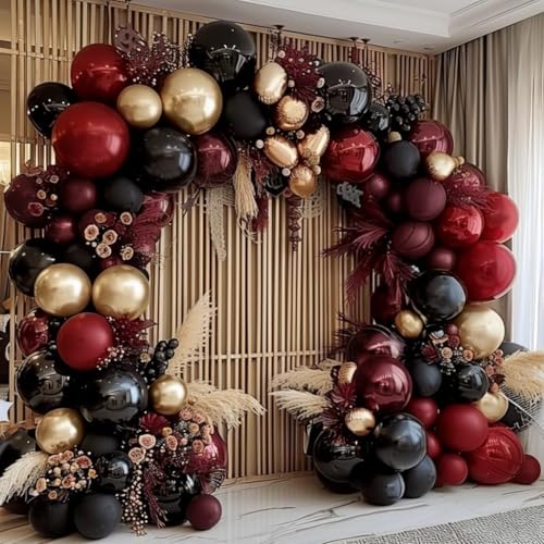 Burgundy Black Gold Balloon Garland Kit - Double Stuffed Latex Balloons for Party Decor