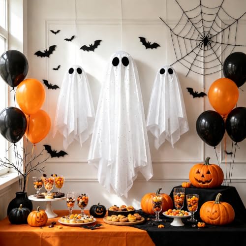 3 Pack Hanging Ghost Decorations - White, 27.6 & 19.7 Inch, with Warm Glow, Remote Timer - Indoor & Outdoor Halloween Decor