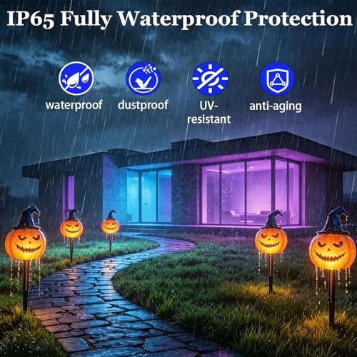 Halloween Solar Pumpkin Stake Lights with Witch Hat - Orange, IP65 Waterproof, Garden Pathway Decor
