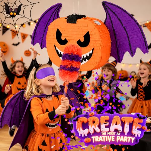 Halloween Pumpkin Bat Piñata Set with Stick, Blindfold & Confetti – Kids Party Decor & Trick-or-Treat Favors - Variation of THIS listing