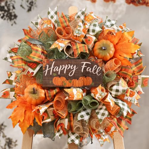 Fall Wreath for Front Door - 20 Inch Mesh Bow with Wooden 'Happy Fall' Sign - Orange Green Variation