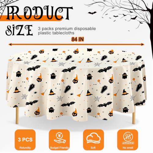 Halloween Tablecloth 3 Pack Round 84 Inch Leakproof Plastic Table Covers - Pumpkin Ghost Variation