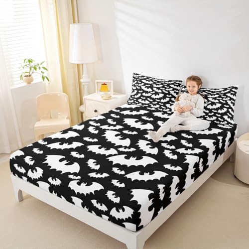 Halloween Bat Bedding Set Full Size - Glitter Stars Galaxy Kids Bed Sheets with Variation Multi 45