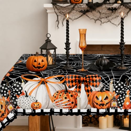 Halloween Rectangle Tablecloth 60x84 Inch with Pumpkin Bat Spider Web Dots - Waterproof & Wrinkle-Resistant