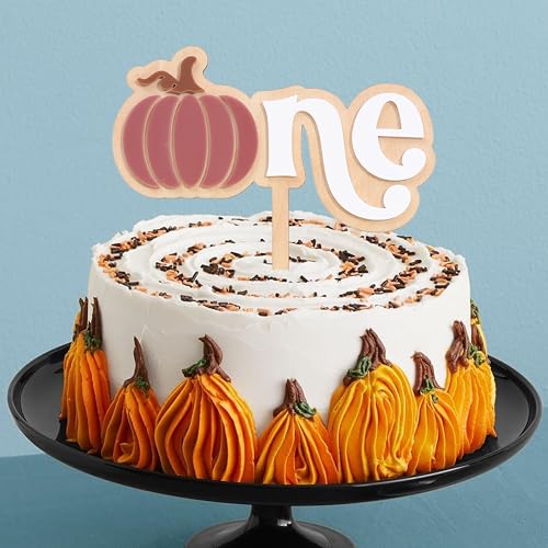 Halloween Pumpkin 1st Birthday Cake Topper - Mauve Wood & Acrylic 'One' with Fall Pumpkin Design