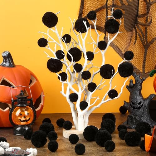 Black Yarn Pom Poms Set - Large & Small DIY Craft Decor, 60 Pieces